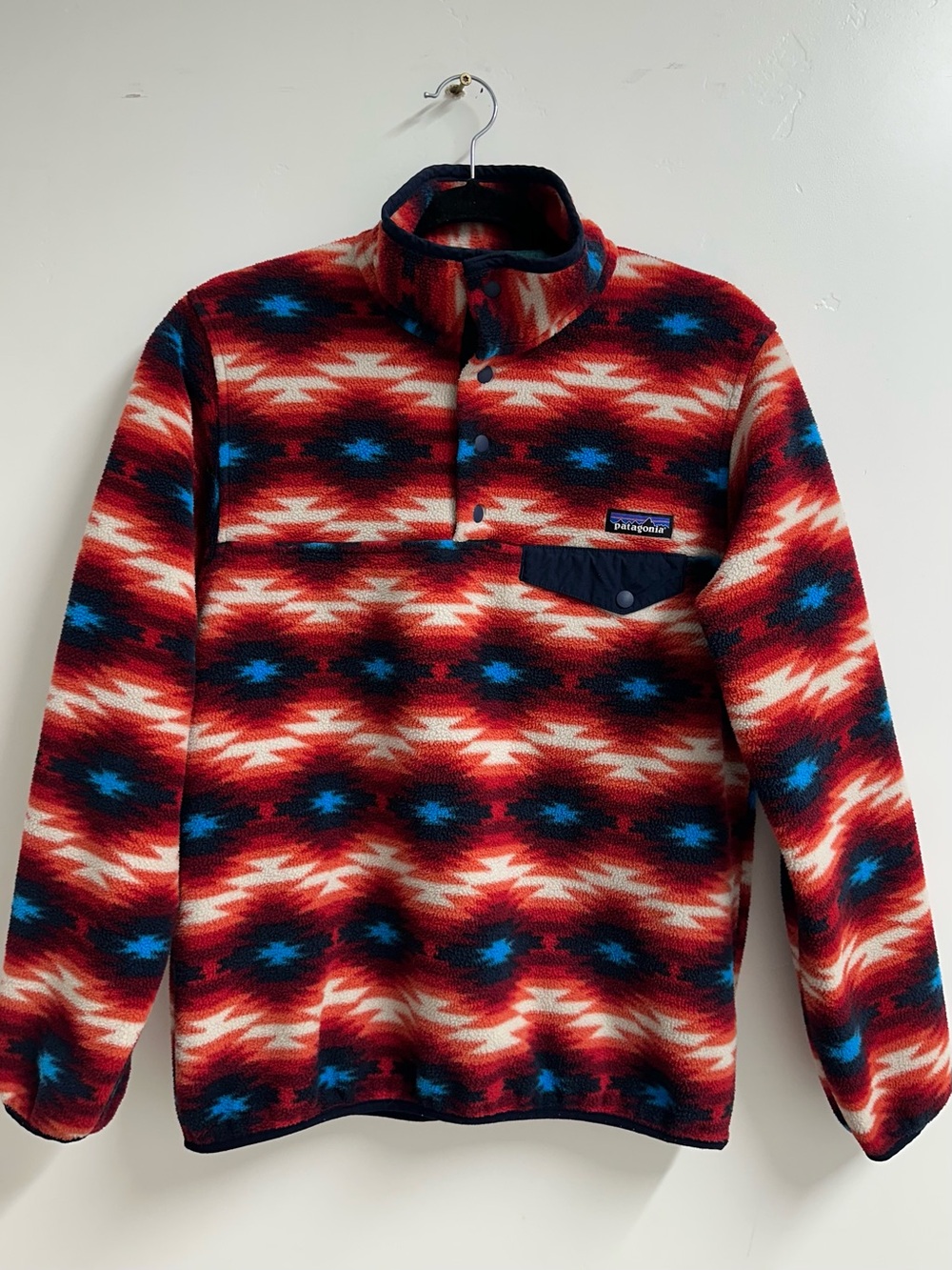 Patagonia Synchilla Fleece with Red and Blue Aztec Stripe